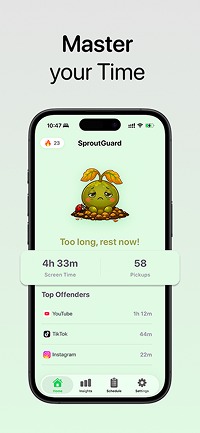 SproutGuard home screen showing daily screen time, pickups and top distracting apps